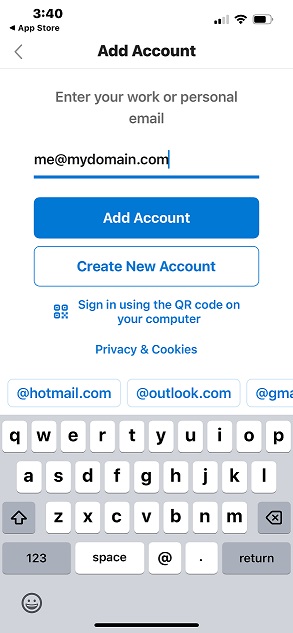 outlook app add account screen on iphone